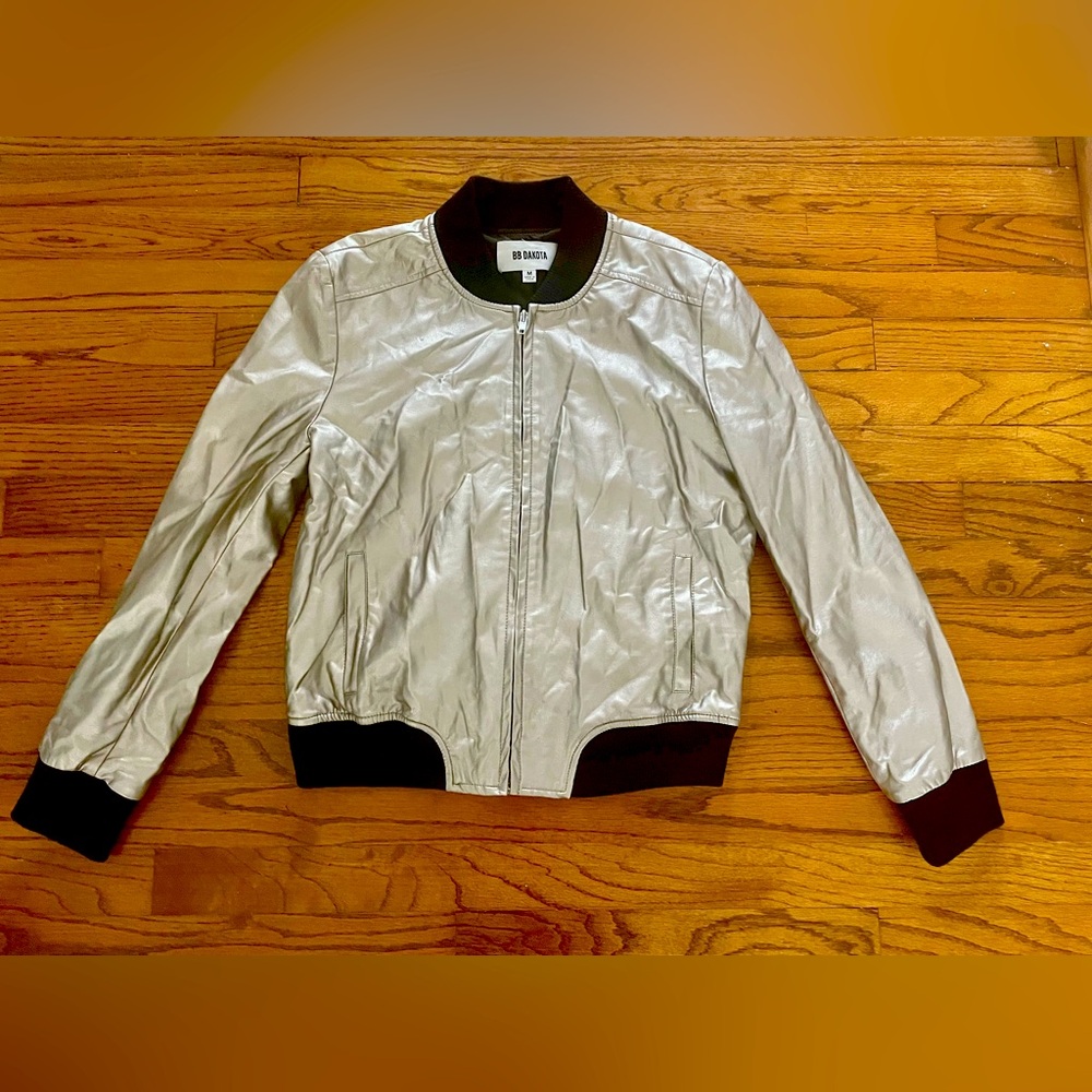 BB Dakota Metallic Champagne Gold Faux Leather Bomber Jacket Women’s Size Medium